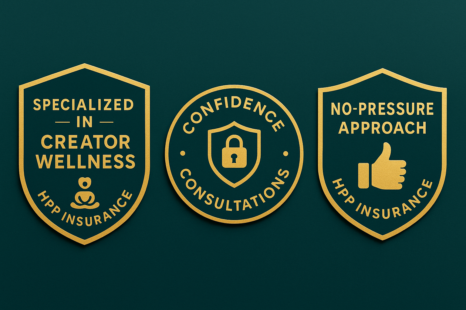 HPP Insurance Trust Badges - Specialized in Creator Wellness, Confidence Consultations, No-Pressure Approach